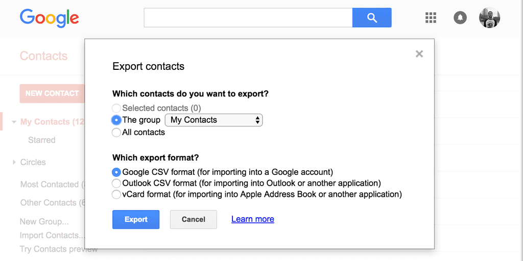 Google Contacts export options
