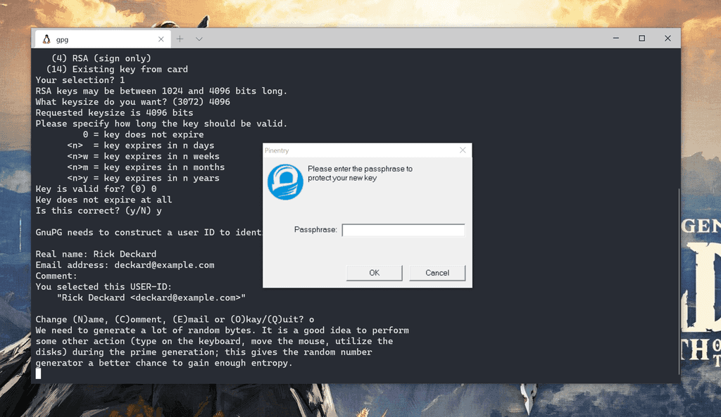 Create the passphrase for your GPG key pair