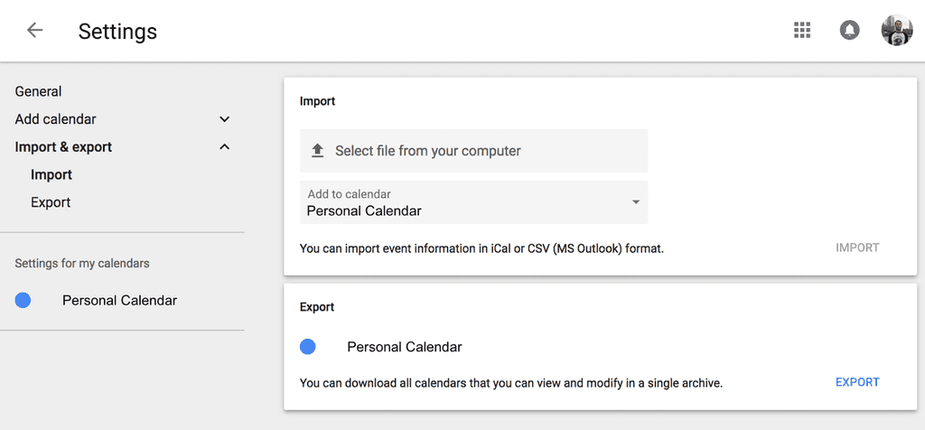 Google Calendar export options