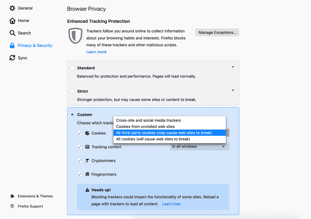 Firefox enhanced tracking settings