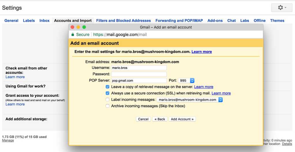 Google Mail import account settings